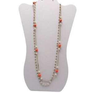 Vintage Gold Tone Double Strand Necklace Faux Pearls Coral Beads